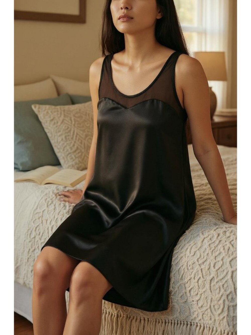 Black Sleeveless A-Line Slip Nightgown By Seaasi Mid-Length Women Medium Vintage